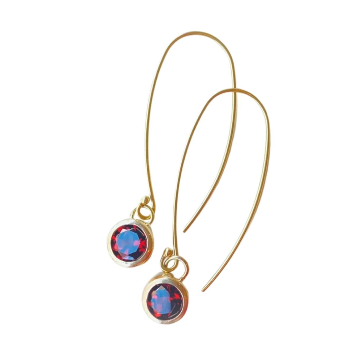 Large Gem Drop Earrings in gold with 6mm faceted garnet gemstone, by Nina Alexandra.